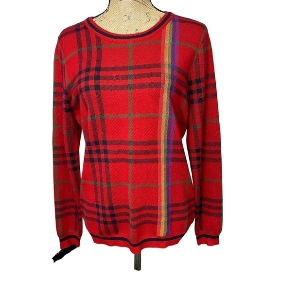 VINTAGE Scottish Plaid Wool Blend Red Sweater with Rainbow Stripe Size Small - Picture 1 of 7